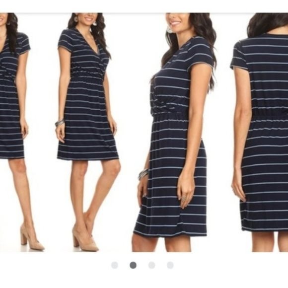 Banana Republic Women Stripe Faux Wrap Midi Dress V Neck Cap Sleeve Blue White M - Picture 1 of 8